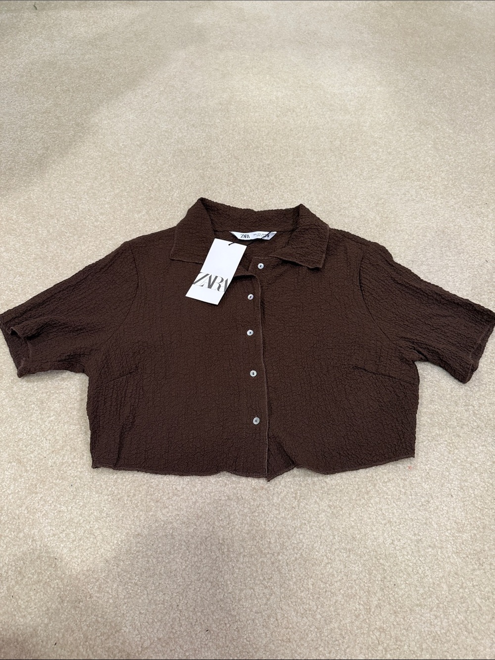 ZARA Dark Brown Cropped Button-Down Shirt